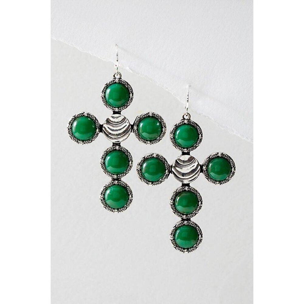Free People Earrings Time Is on My Side Cross Dangles in Silver Jade NWT‎